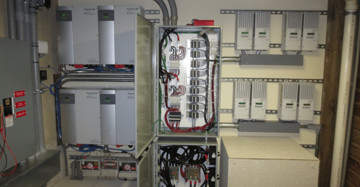 The battery bank, charge controllers and inverters Biden off-grid details